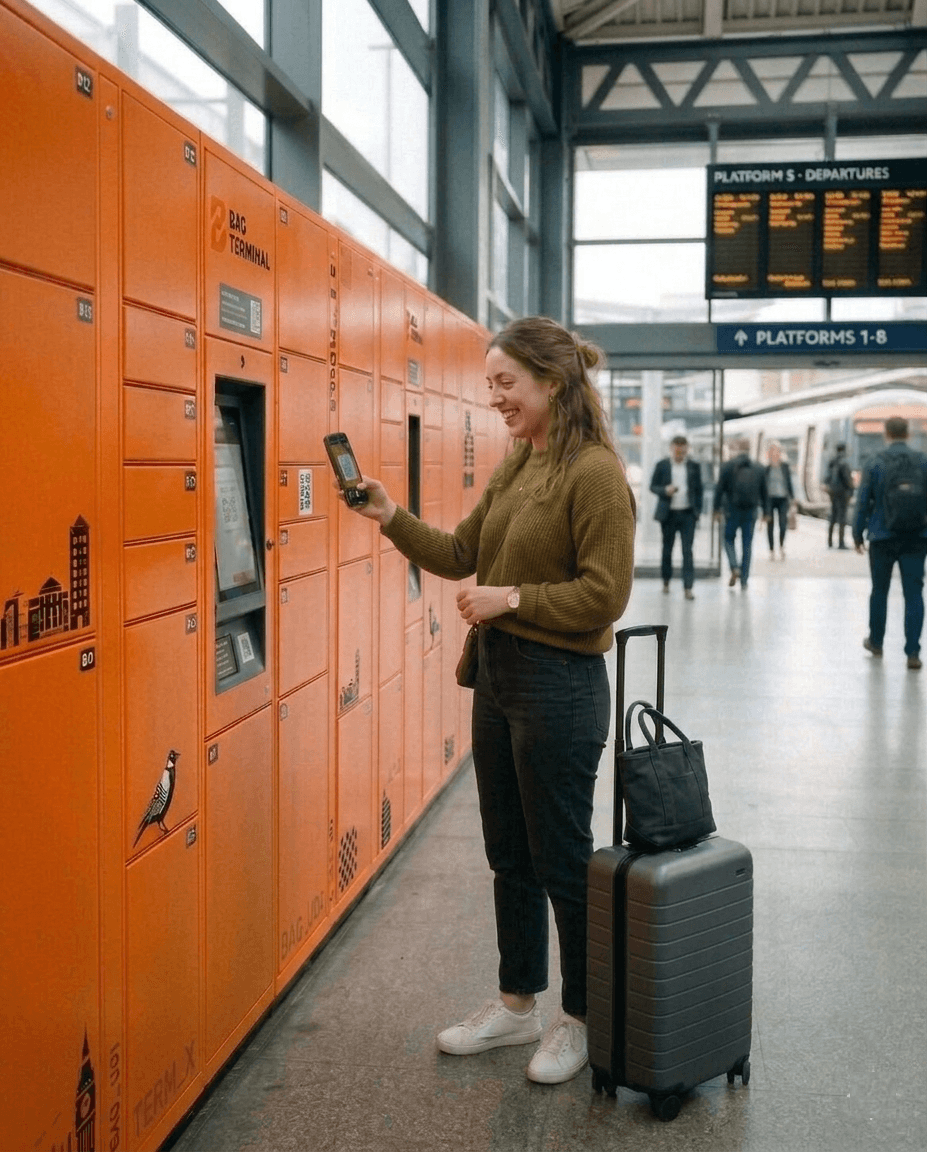 Traveler scanning QR code at BagTerminal locker in a train station